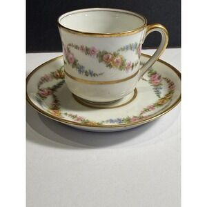 Vintage Limoges Demitasse Cup and Saucer Floral Gold Trim France